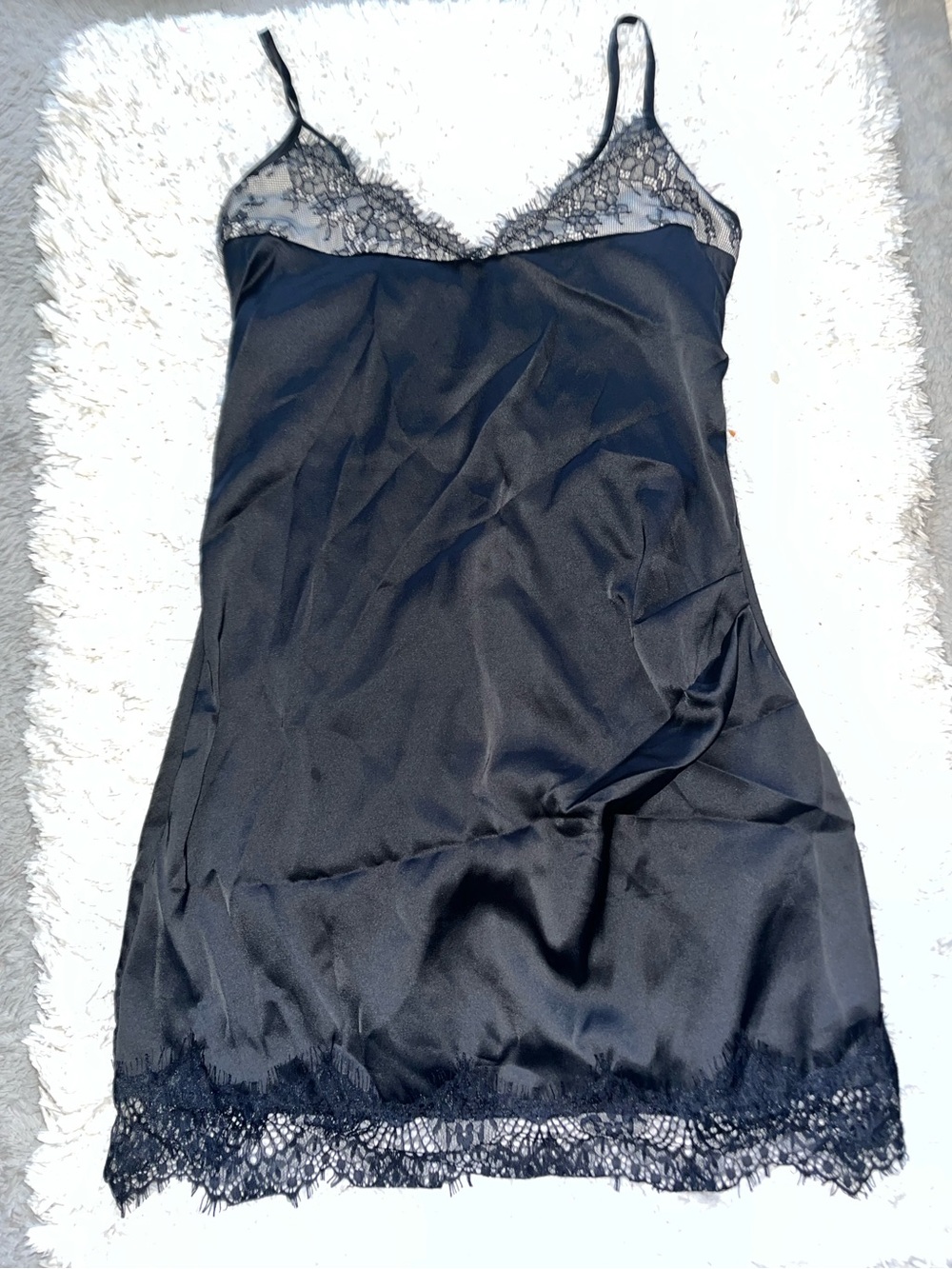 SHEIN Black Satin Slip Dress with Lace Trim
